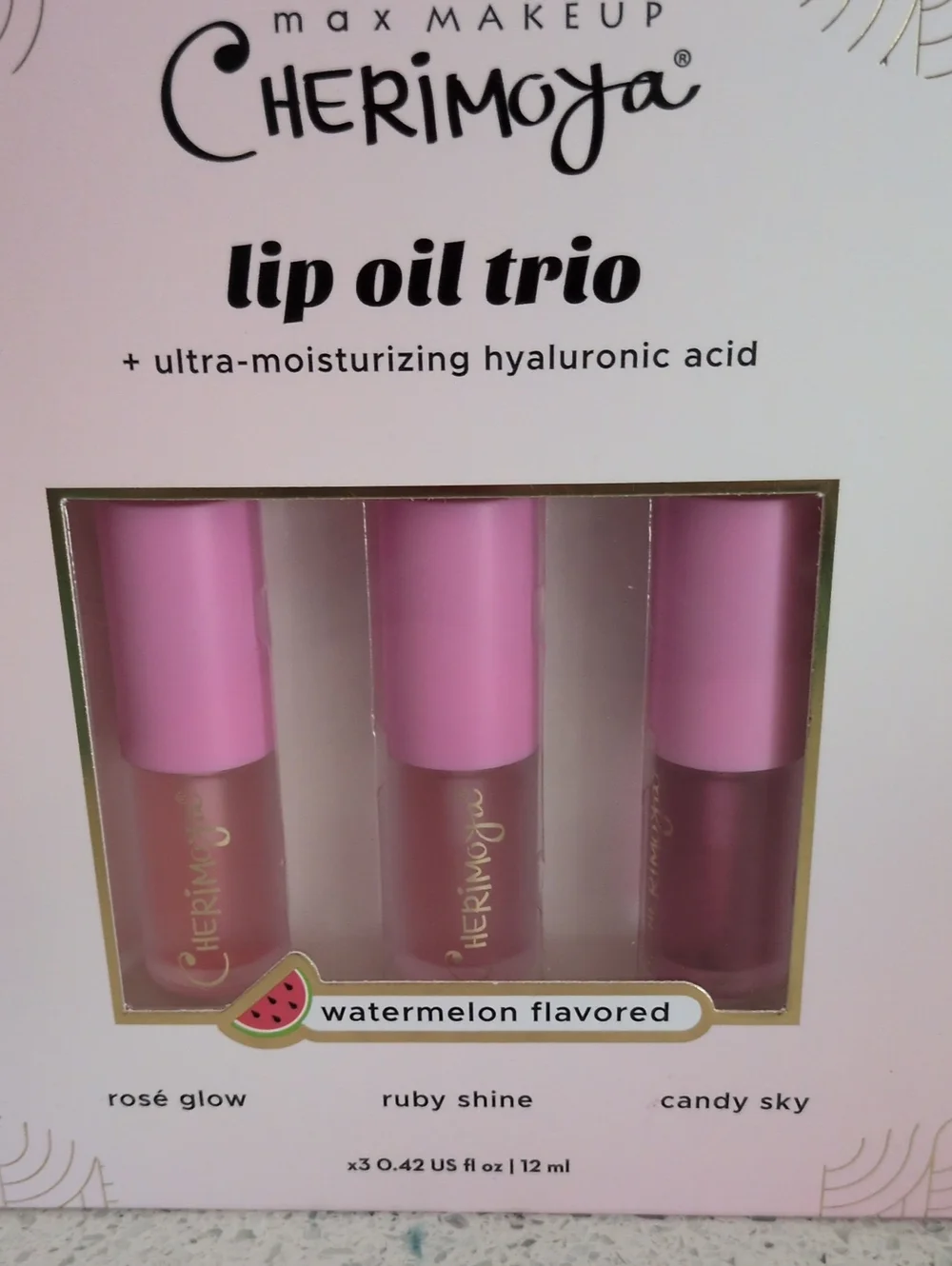 MAX Makeup Lip Oil Trio - Watermelon Flavored (Rosé Glow, Ruby Shine, Candy Sky)